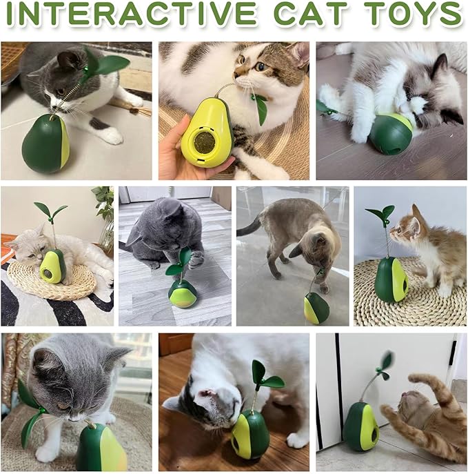 3-in-1 Catnip Toys for Cats with Feather Cat Toy Wand & Cat Treat Dispenser, Tumbler Interactive Christmas Cat Toys for Indoor Cats, Avocado Cat Puzzle Feeder, Funny Kitten Treats