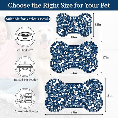 Dog & Cat Food Mat Bone Shaped Pet Feeding Mat Quick Absorb Water Bowl Placemat with Rubber Backing Indoor Floor Stain Resistant Pet Accessory Supplies (Blue, 12x18 Inches)