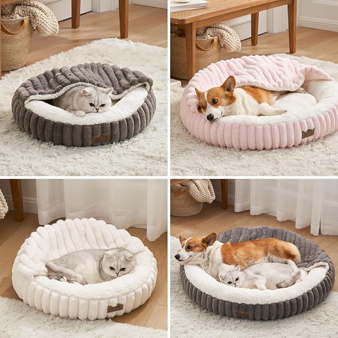 Small Dog Bed with Hooded Blanket, Round Fluffy Anti-Anxiety Pet Bed for Small Dogs & Medium Dogs, Cozy Donut Cuddler with Machine Washable Faux Fur & Anti-Slip Bottom(26"×26"×7",Cream)
