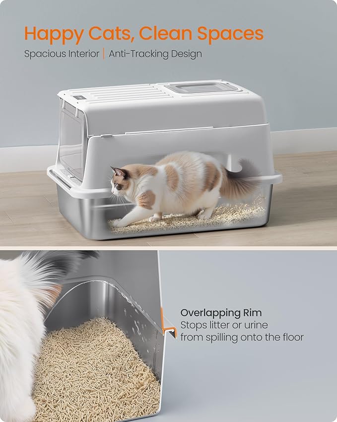 Feandrea Stainless Steel Cat Litter Box with Flip Lid, Litter Catcher Mat and Box, 2 Doors, Scoop, for Cats up to 33 lb, Light Gray UPPT007GD01
