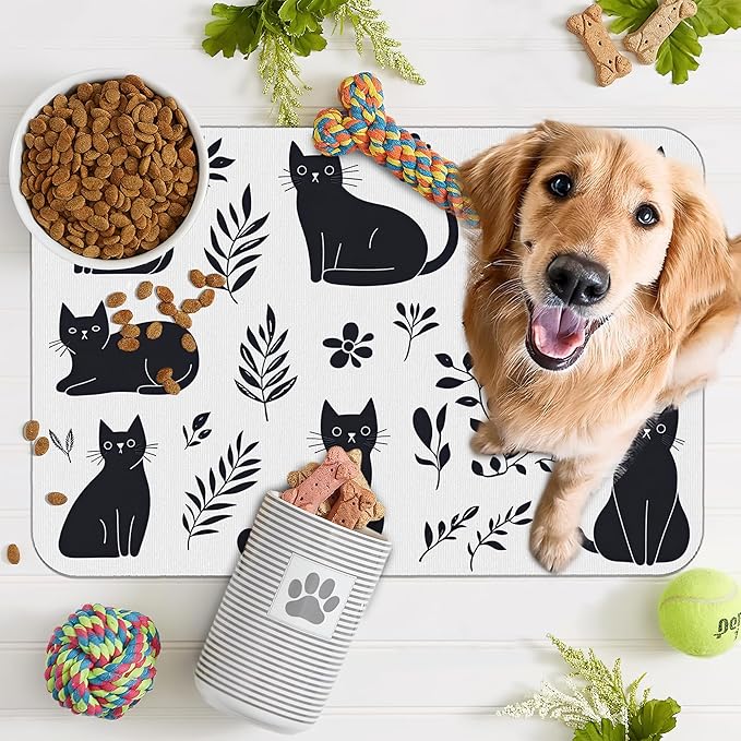 Cute Black Flower Dog Cat Food Mat,Absorbent Pet Feeding Mat with Rubber Backing,Non-Slip Water Bowl Placemat,Indoor Pet Accessories Supplies 12"x20"