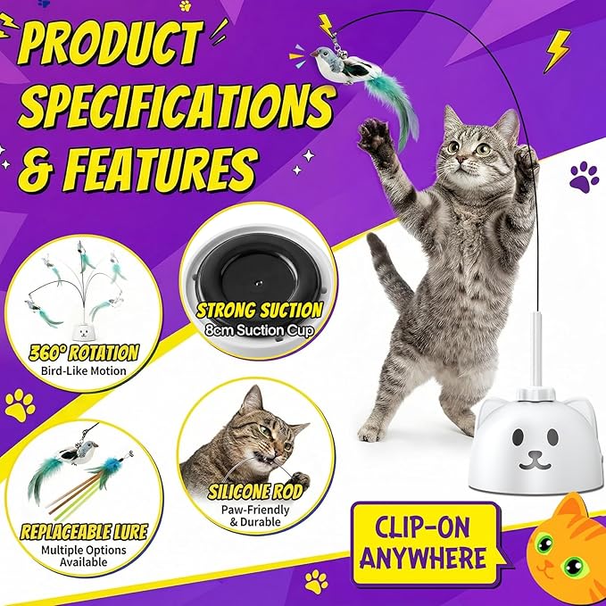 Interactive Cat Toys for Indoor Cats: Upgraded 360° Automatic Spin Flying Bird Feather Wand with Silicone Protected Rod Safe Play, Strong 8cm Suction Cup, USB-Rechargeable for Bored Kittens and Adult