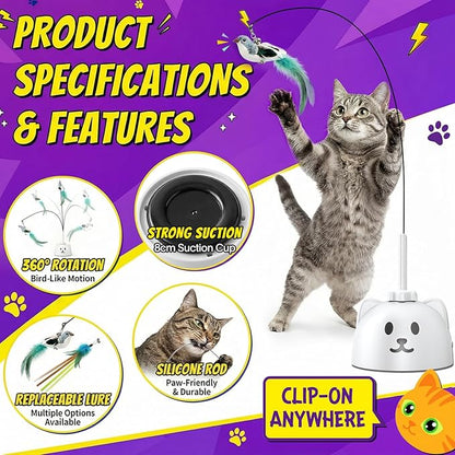 Interactive Cat Toys for Indoor Cats: Upgraded 360° Automatic Spin Flying Bird Feather Wand with Silicone Protected Rod Safe Play, Strong 8cm Suction Cup, USB-Rechargeable for Bored Kittens and Adult
