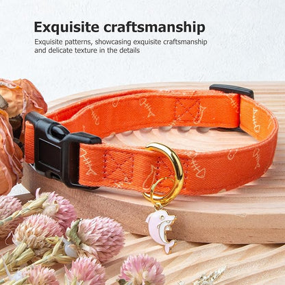 Cotton Handmade Dog Collar Cute and Distinctive Patterns Orange Fish with Pendant for Girl Boy Dogs Collars L