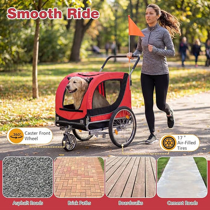 Giantex 2-in-1 Dog Bike Trailer & Pet Stroller for Large Dogs – Foldable Pet Carrier Cart with Front Caster & 2 Air-Filled Tires, Breathable Mesh, PVC Rain Cover, 176 lbs Capacity
