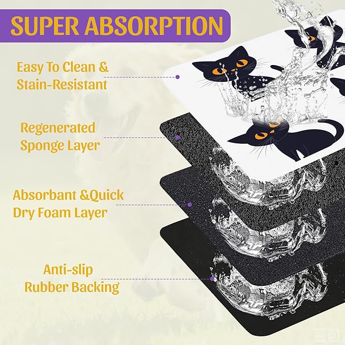 Cute Black Cats Pet Feeding Mat, Absorbent Dog and Cat Bowl Pad, Fast Dry, Non-Slip Back – 12x20 Inch