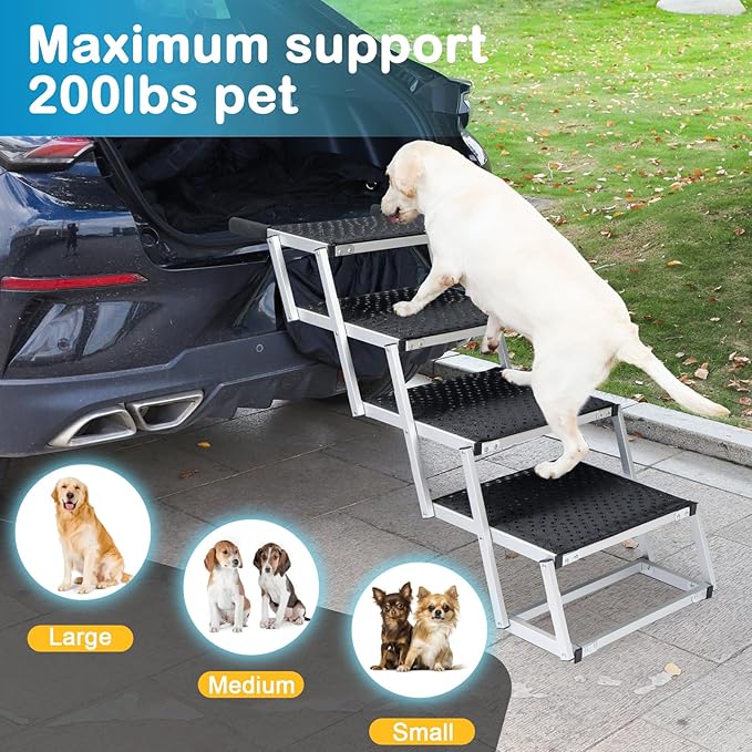 Uross Dog Stairs for Car 4 Steps Suitable for Car Trunk Heights 23"-26"- Collapsible Dog Steps for Car and SUV, Aluminum Pets Stairs for Large Pets, Telescoping Pet Step Ladder for Truck, High Bed