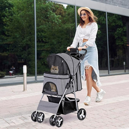 ZENY Foldable Pet Stroller, Cat/Dog Stroller with 4 Wheel, Pet Travel Carrier Strolling Cart with Storage Basket, Cup Holder (Grey)
