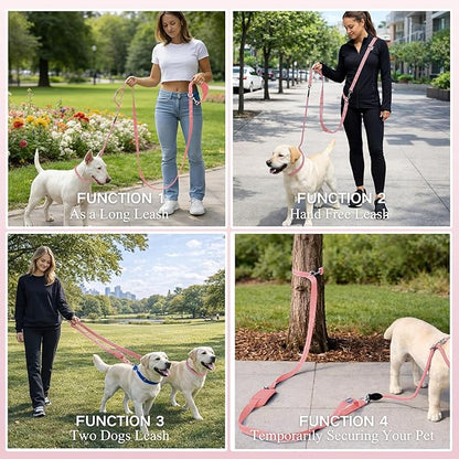 10FT Hands Free Dog Leash for Small Medium Large Dogs, Heavy Duty Reflective Dog Leash with Traffic Handle, Seat Belt Buckle & Poop Bag Holder (Pink)