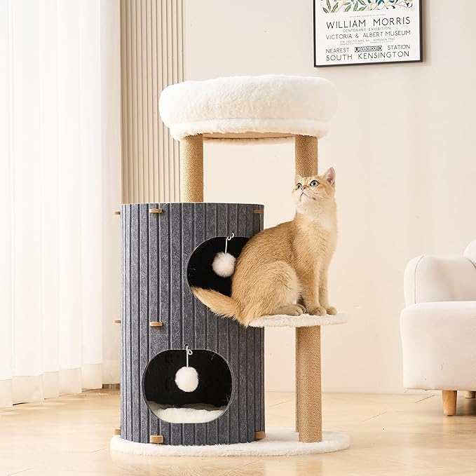 Modern Cat Tree for Indoor Cats Large Adult, 36in H Cat Tree Tower with Scratching Posts, Cozy Cat Bed Cave, Washable Cushions, Dangling Balls, Play&Nap Cat House Condo for All Breeds, Gray