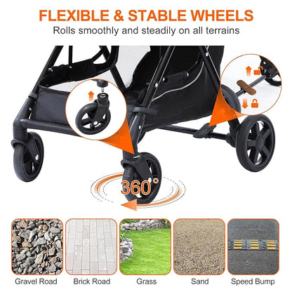 NO-Zip Pet Stroller for Small Dogs & Cats, Lightweight Dog Stroller with Reflective Safety Strips, One-Hand Fold, Claw-Proof Mesh, Breathable Travel Carriage, 33lbs Capacity, Black