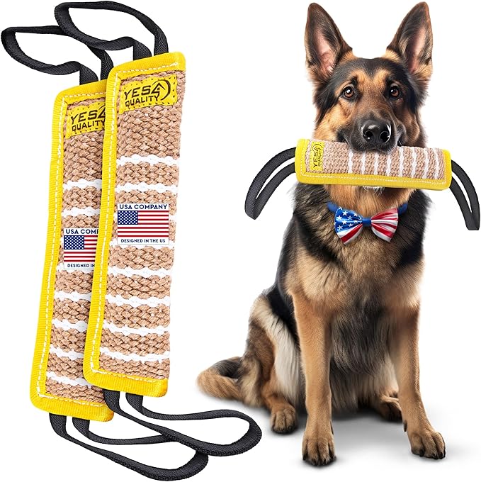 YES4QUALITY Dog Bite Tug Toy - 2 Pack, 11.8"x3.5" - Durable Yellow Pull Toy with 2 Strong Black Handles - Jute Pillow for Small to Medium Dogs - Ideal for Tug of War, Fetch, K9 & Puppy Training