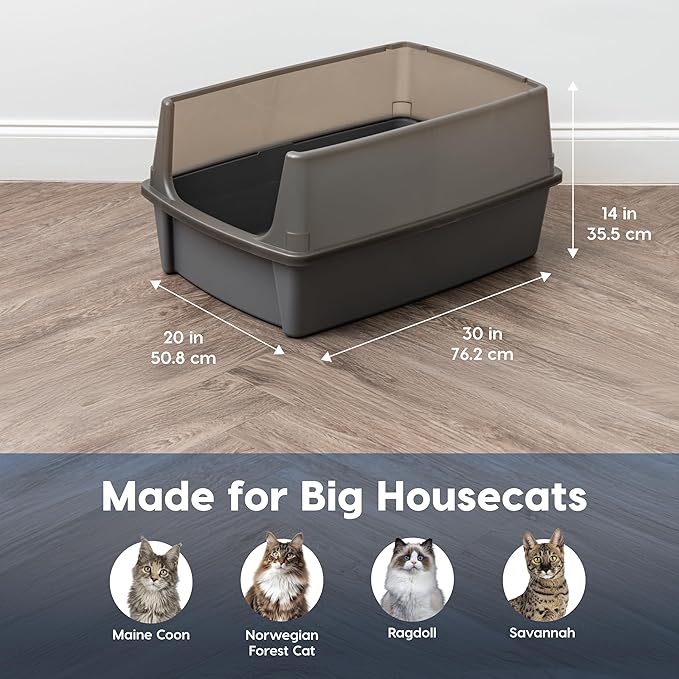 IRIS USA XX-Large Open Top Cat Litter Box with High Sided Walls Tall Scatter Shield Scoop Included Easy Clean Plastic Pan for Big Cats Kittens Multi-Cat Households 30" L x 20" W x 14" H Gray