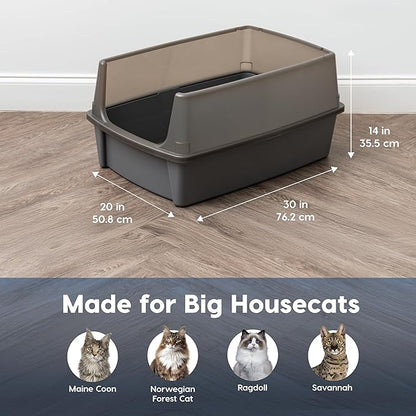 IRIS USA XX-Large Open Top Cat Litter Box with High Sided Walls Tall Scatter Shield Scoop Included Easy Clean Plastic Pan for Big Cats Kittens Multi-Cat Households 30" L x 20" W x 14" H Gray