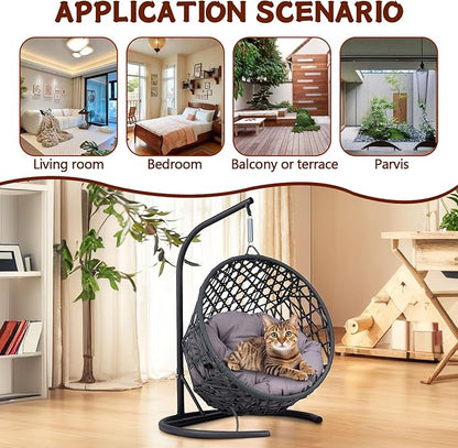 Anwick Cat Swing Bed with Stand & Cushion Indoor Outdoor, Egg Chair with Rattan Wicker Appearance, Indoor Hanging Swinging Hammocks for Cat, Dogs, and Small Animals Bedroom Porch (Gray-2)