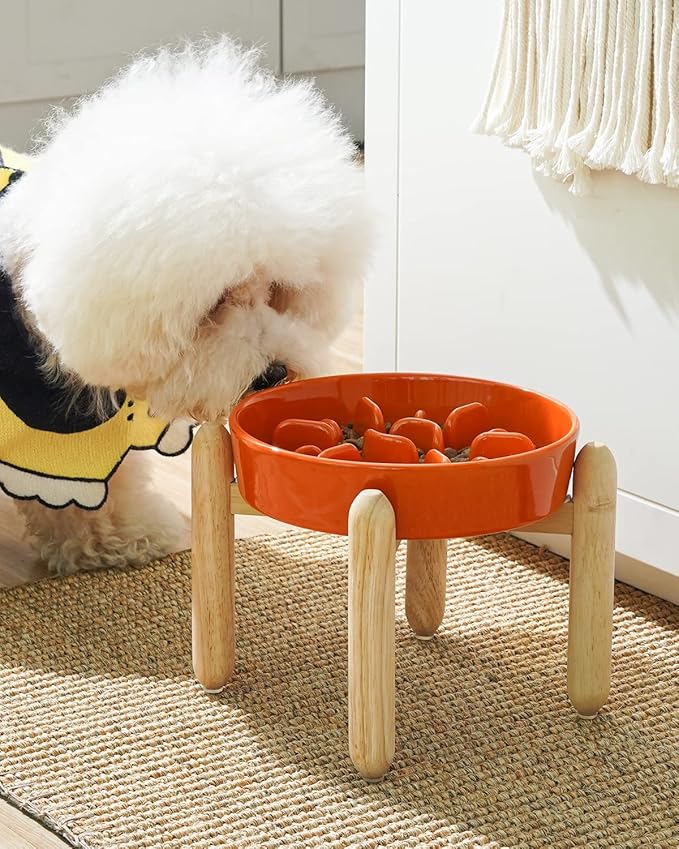 LE TAUCI Ceramic Slow Feed Dog Bowls with Wooden Stand, Anti-Gulping, Non-Slip, Easy to Clean, Dishwasher Safe, 8 Inch