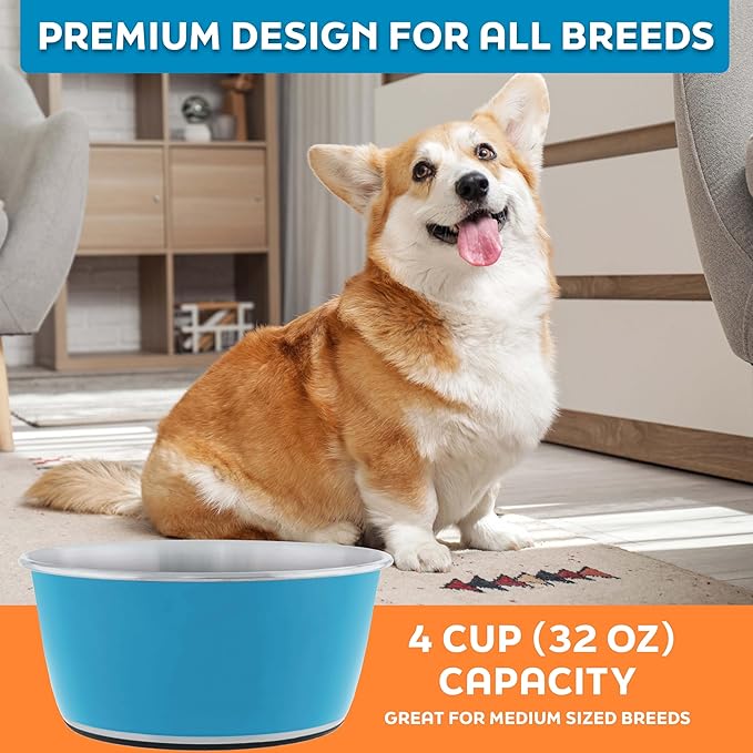 Master Pet Supply Stainless Steel Dog Bowls Set of 2 (32 Oz Each) with Non-Slip Rubber Base - True Blue - Basic Dog Food Bowl Water & Food Bowls for Small Medium Large Dogs & Cats, Metal Dish