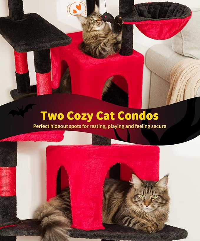 AMHANCIBLE Gothic Cat Tree, 70 Inch Tall Cat Tower for Indoor Cats, Multi-Level Cat Tree with Scratching Post, Hammock, Hanging Basket, Large Cat Condos for Adult Cats Kittens, Black Red, PT18RD