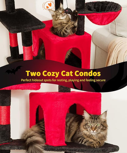AMHANCIBLE Gothic Cat Tree, 70 Inch Tall Cat Tower for Indoor Cats, Multi-Level Cat Tree with Scratching Post, Hammock, Hanging Basket, Large Cat Condos for Adult Cats Kittens, Black Red, PT18RD