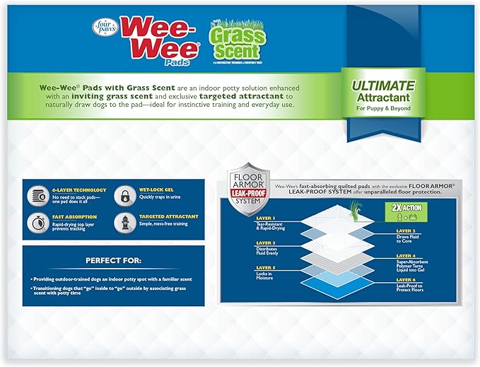 Four Paws Wee-Wee Ultimate Attractant Grass Scented Pee Pads for Dogs & Puppies, Leak-Proof Dog Housebreaking Instinctive Potty Training Floor Protection, 22" x 23", 100 Count