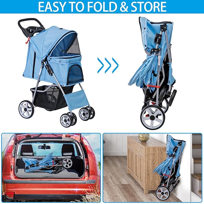 4 Wheels Pet Stroller, Foldable Dog Cat Stroller for Small Medium Dogs Cats, Travel Carrier with Storage Basket and Cup Holder, Waterproof and Lightweight (Blue)