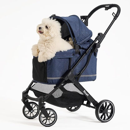 All-Terrain Dog Stroller for Small to Medium Dogs, Pet Stroller for Dogs & Cats Outdoor Walks, One-Hand Easy Fold, Double-Layer Anti-UV & Waterproof Canopy & Breathable Mesh, Midnight Blue