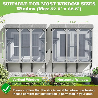 Large Catio Cat Window Box, Outdoor Cats Window Perchfor Indoor Cats with 4 Jump Platforms & 4 Doors, Comfortable Wooden Pet Perch House, Ultra-Fine Mesh Insect-Proof Screens, All-Weather Use
