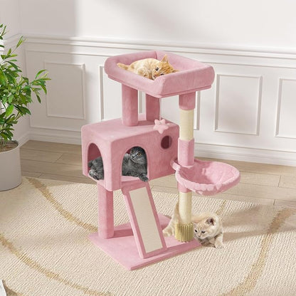 Magshion 36" Cat Tree Tower for Indoor Cats, Compact Multi-Level Cat Condo with Scratching Posts, Top Perch, Side Basket and Dangling Ball, Cat Climbing Tower for Kittens and Elderly Cats, Soft Pink