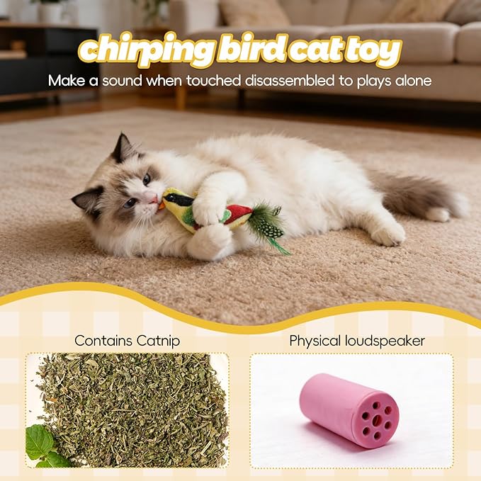 4-in-1 Interactive Cat Toy Wand, Bird Chirping Sound Cat Teaser with Bouncy Ball and Feather Attachments, 2 Play Modes for Bored Indoor Adult Cats Self Play Exercise