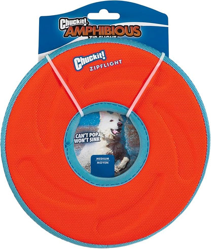 Chuckit! Amphibious ZipFlight Floating and Flying Disc Dog Toy, Medium (8.5"), Assorted Colors (Orange And Blue/Green and Blue)