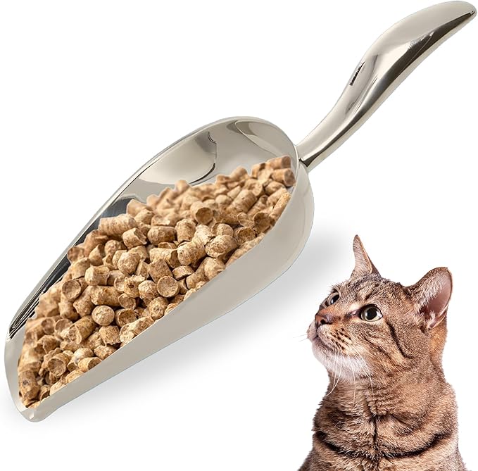 SunGrow Large Cat Litter and Food Scoop, Life Transforming 2-in-1 Scooper, Reduces Hand Fatigue, Saves Clear Litter, Makes Scooping Faster and Easier (Silver, Small)