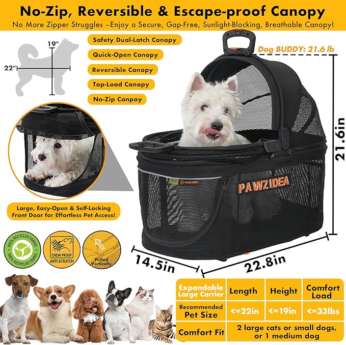 PAWZIDEA Portable Small Dog Crate for Car Travel up to 33lb, Enclosed Dog Car Seat Soft-Sided, Escape-Proof Reversible No-Zip Canopy, Foldable Pet Carrier Seatbelt for Small Medium Puppy & Cats Kennel