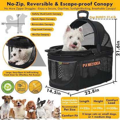 PAWZIDEA Portable Small Dog Crate for Car Travel up to 33lb, Enclosed Dog Car Seat Soft-Sided, Escape-Proof Reversible No-Zip Canopy, Foldable Pet Carrier Seatbelt for Small Medium Puppy & Cats Kennel