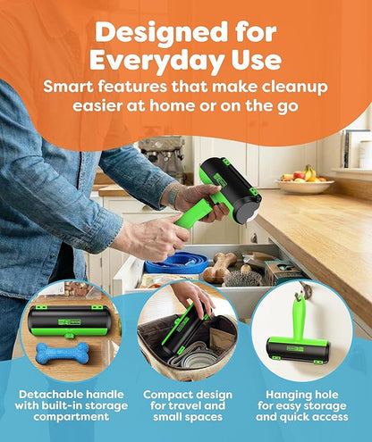 Triton Pet Hair Removal Tool w/Fur Trapping Compartment, 60% Smaller Storage Size, Reusable Shedding Roller, Cat and Dog Hair Remover for Car, Furniture, Carpet, Couch (Green)