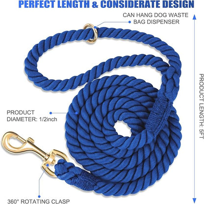 Dog Leash 5 FT Handmade Braided Cotton Rope Leashes for Small Medium and Large Dogs, New Golden Heavy Duty Metal Clasp, Navy Blue