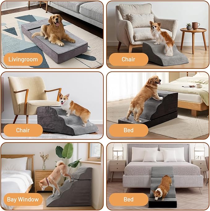 Large Dog Stairs – Extra Large Dog Steps for Bed, Couch & Car, 6-Step Pet Steps for Puppies & Senior Dogs, Pet Stairs with Washable Cover, Side Pockets, Non-Slip Bottom, 43.3" L x 19.7" W Grey