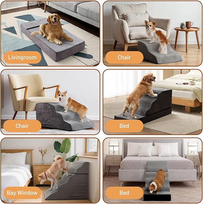Large Dog Stairs – Extra Large Dog Steps for Bed, Couch & Car, 6-Step Pet Steps for Puppies & Senior Dogs, Pet Stairs with Washable Cover, Side Pockets, Non-Slip Bottom, 43.3" L x 19.7" W Grey