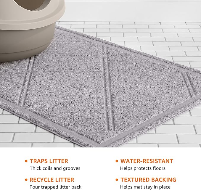 Amazon Basics Less-Mess Litter Trapping Cat Litter Box Mat, Soft on Kitty Paws, Waterproof, Scatter Control, 24" x 35", Grey
