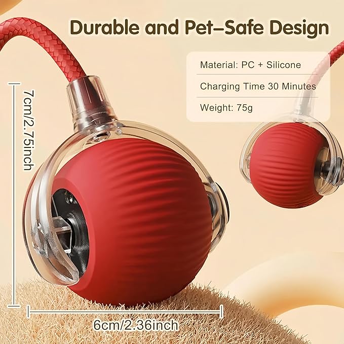 Interactive Cat Ball Toy with String, Interactive Cat Toys Ball Fast Rolling，Red, Bouncing Teaser Wand
