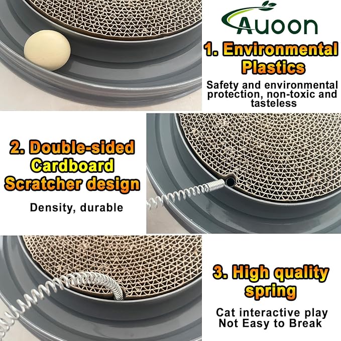 AUOON Cat Scratcher Toy with Ball Track - 3 in 1 Interactive Cat Toy, Cat Scratch Pad with Cat Ball Toy and Plush Cat Mouse Toy for Indoor Cats and Kittens (Gray)