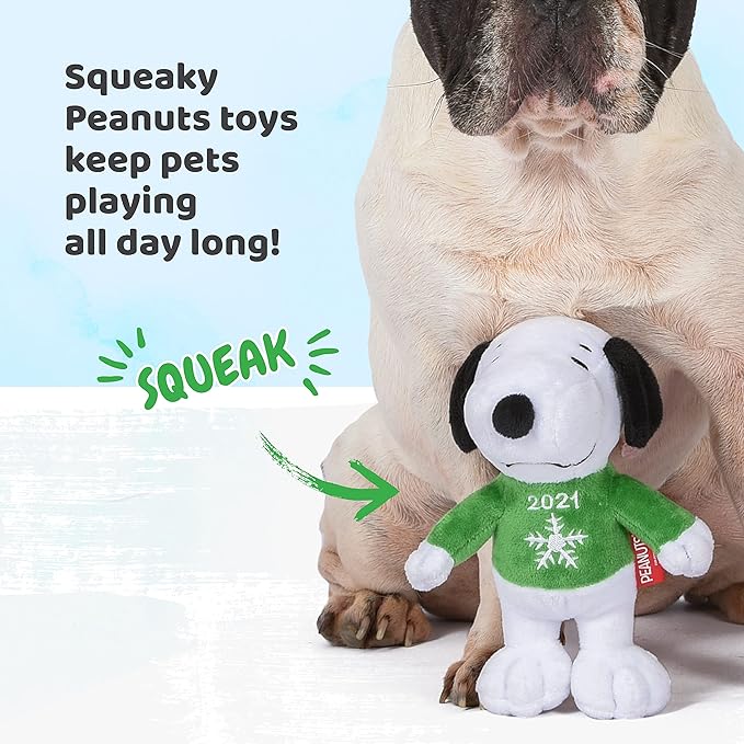 PEANUTS for Pets 6" Holiday 2021 Snoopy Plush Dog Toy with Squeaker | Green Snoopy Holiday Plush Dog Toy | Small Squeaky Dog Toys - Soft Stuffed Dog Toys Officially Licensed, (FF19107)