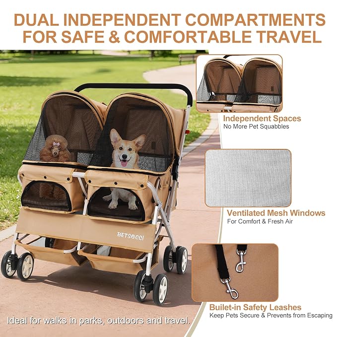 Double Pet Stroller for 2 Small Dogs & Cats, Side-by-Side Twin Travel Carriage with Safety Leashes, Mesh Windows & Double Storage Baskets, Lightweight & Foldable, 44lbs Capacity, White