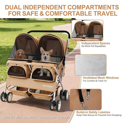 Double Pet Stroller for 2 Small Dogs & Cats, Side-by-Side Twin Travel Carriage with Safety Leashes, Mesh Windows & Double Storage Baskets, Lightweight & Foldable, 44lbs Capacity, White