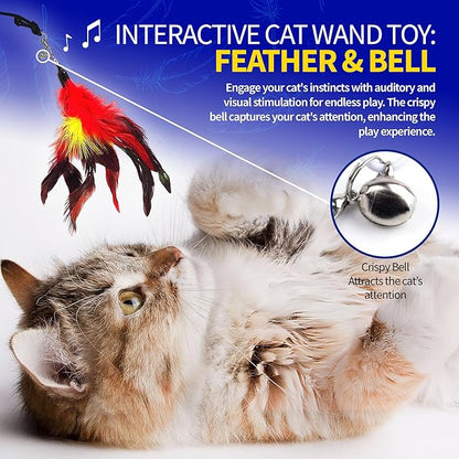 Pet Fit For Life Cat Feather Wand Toys – Interactive Cat Wand Toy for Indoor Pets | 2 Feather Attachments | Promotes Animal Health & Fitness, Made w/Soft & Durable Materials | Gift (Red)
