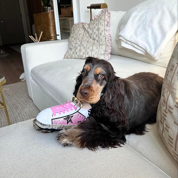 Haute Diggity Dog Pink Golden Pooch Tennis Shoe, Plush Designer Dog Toys with Interactive Squeaker, Stimulating Pet Enrichment, Machine-Washable & Safe Materials for All Breeds, One Size
