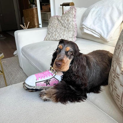 Haute Diggity Dog Pink Golden Pooch Tennis Shoe, Plush Designer Dog Toys with Interactive Squeaker, Stimulating Pet Enrichment, Machine-Washable & Safe Materials for All Breeds, One Size