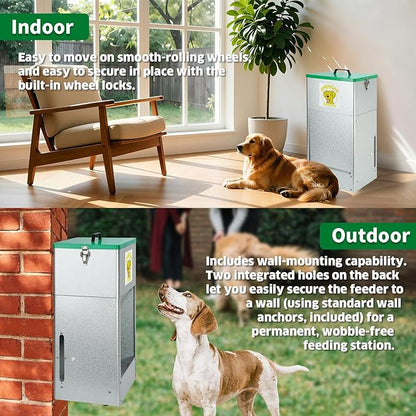Automatic Dog Feeder with Wheels, 25lb Heavy Duty Galvanized Steel Gravity Food Dispenser - Easy to Move Rolling Pet Food Station for Indoor & Outdoor Use