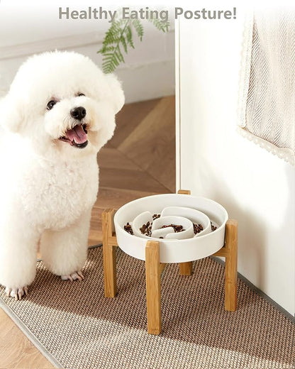 Ceramic Slow Feeder Dog Bowls Elevated, 2.0 Cups Slow Feeder for Medium Dogs, Puzzle Maze Bowl to Slow Down Eating, 30oz, 8in, White