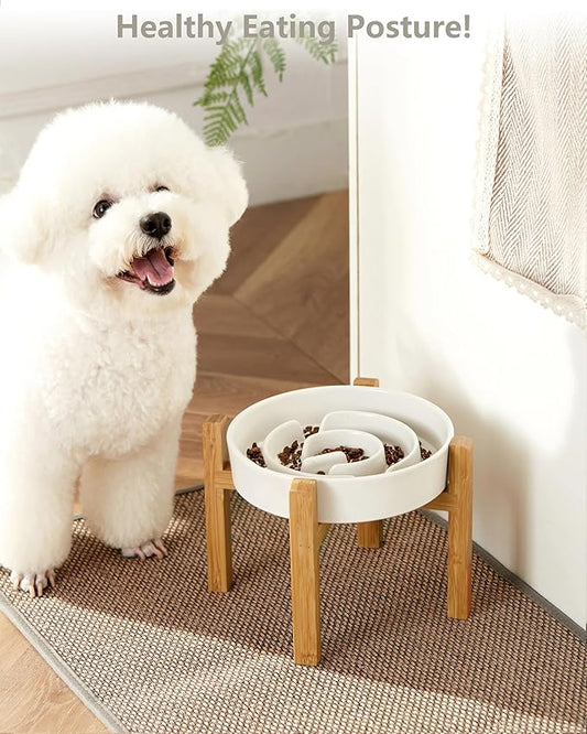 Ceramic Slow Feeder Dog Bowls Elevated, 2.0 Cups Slow Feeder for Medium Dogs, Puzzle Maze Bowl to Slow Down Eating, 30oz, 8in, White