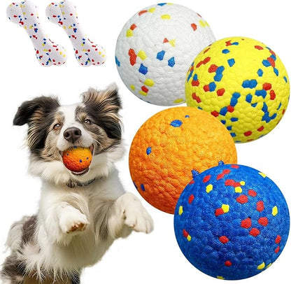 4 Pcs Large size Dog Balls（with 2 Pcs 6.5" Dog Bones）, 3.15"Tennis Ball for Aggressive Chewers, Durable Bouncy Dog Toy Balls, Teething Cleaning Chew Toys, Water Toy Fetch Ball for Large Medium Dog